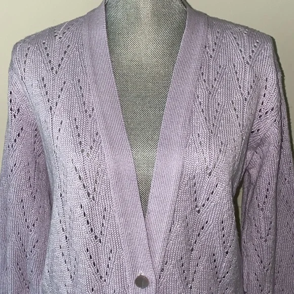 Coquette V Neck Pointelle Knit Cardigan Sweater Lavender Size S - Picture 3 of 13